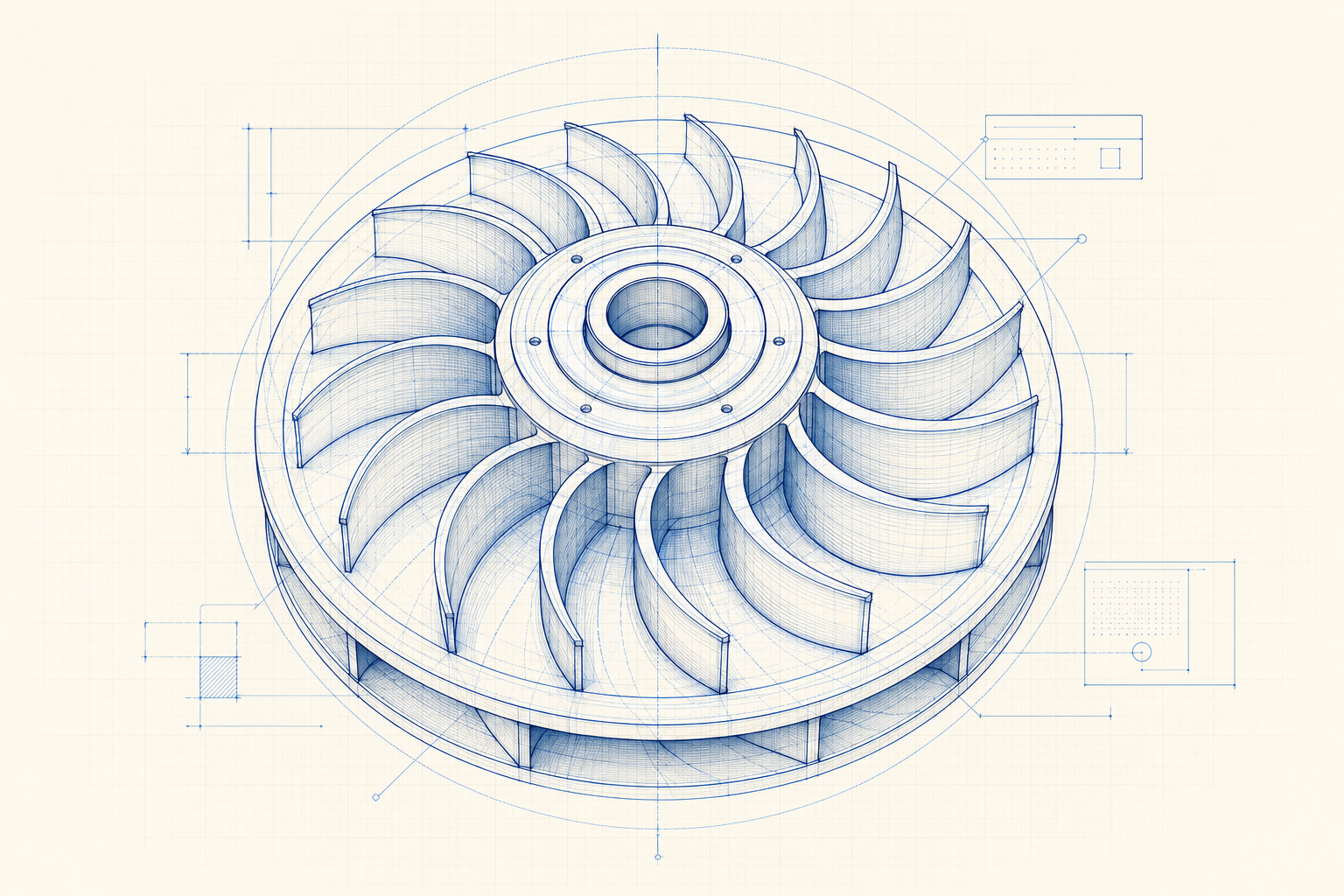 Blueprint-style centrifugal impeller representing an engineered marketing system